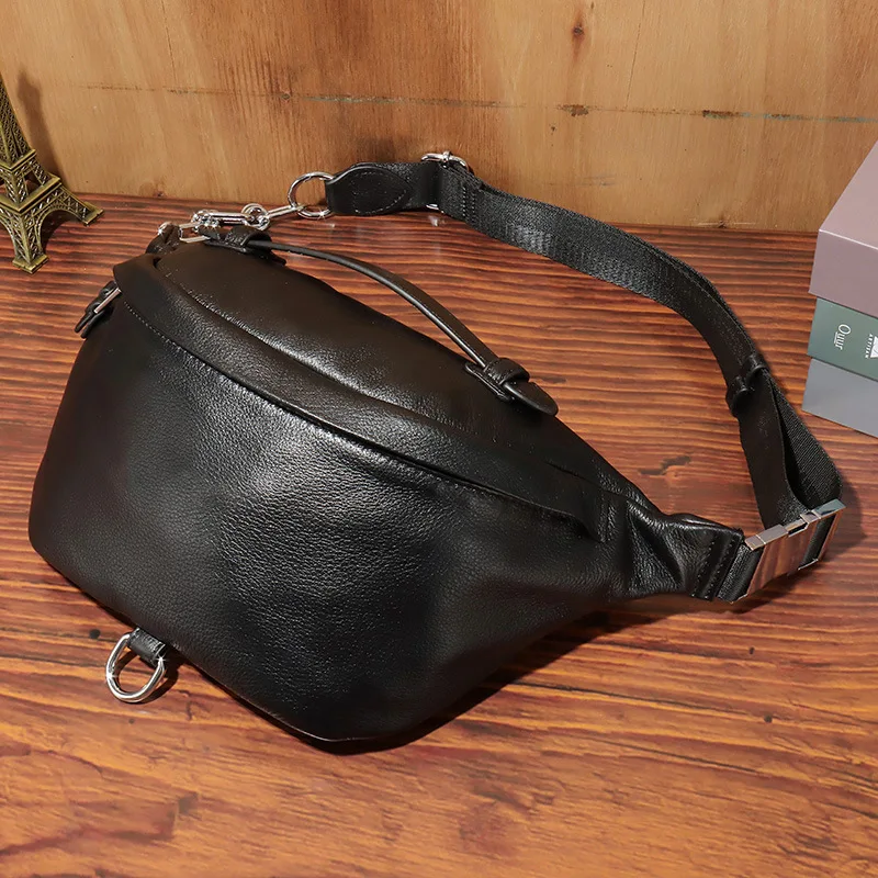 

New leather Men's waist packs top layer cowhide men chest bag simple move pockets casual fashion shoulder messenger bags