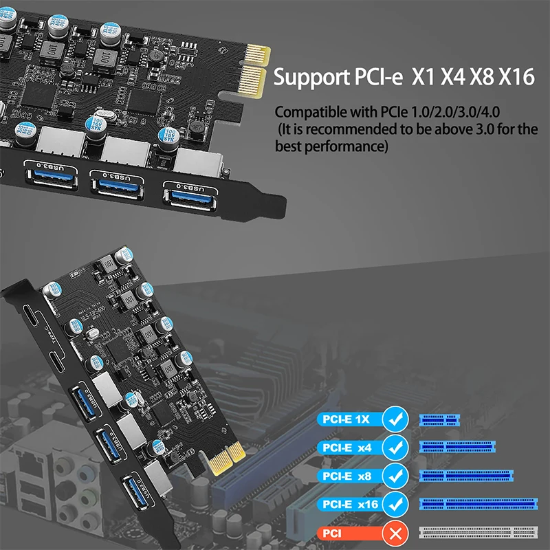 USB 3.2 Gen1 PCIE Card Hub, Placa PCI Express, Adaptador PCI-E USB 3.0, Multiplicador USB3 3.1, Controlador, Adicionar no cartão, 5Gbps