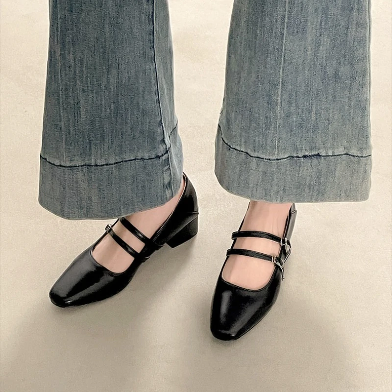 Square Toe Low Heel Women Silvery Mary Jane Shoes Fashion Elegant Belt Buckle Shoes Ladies Comfort Street Style Leather Shoes view 2