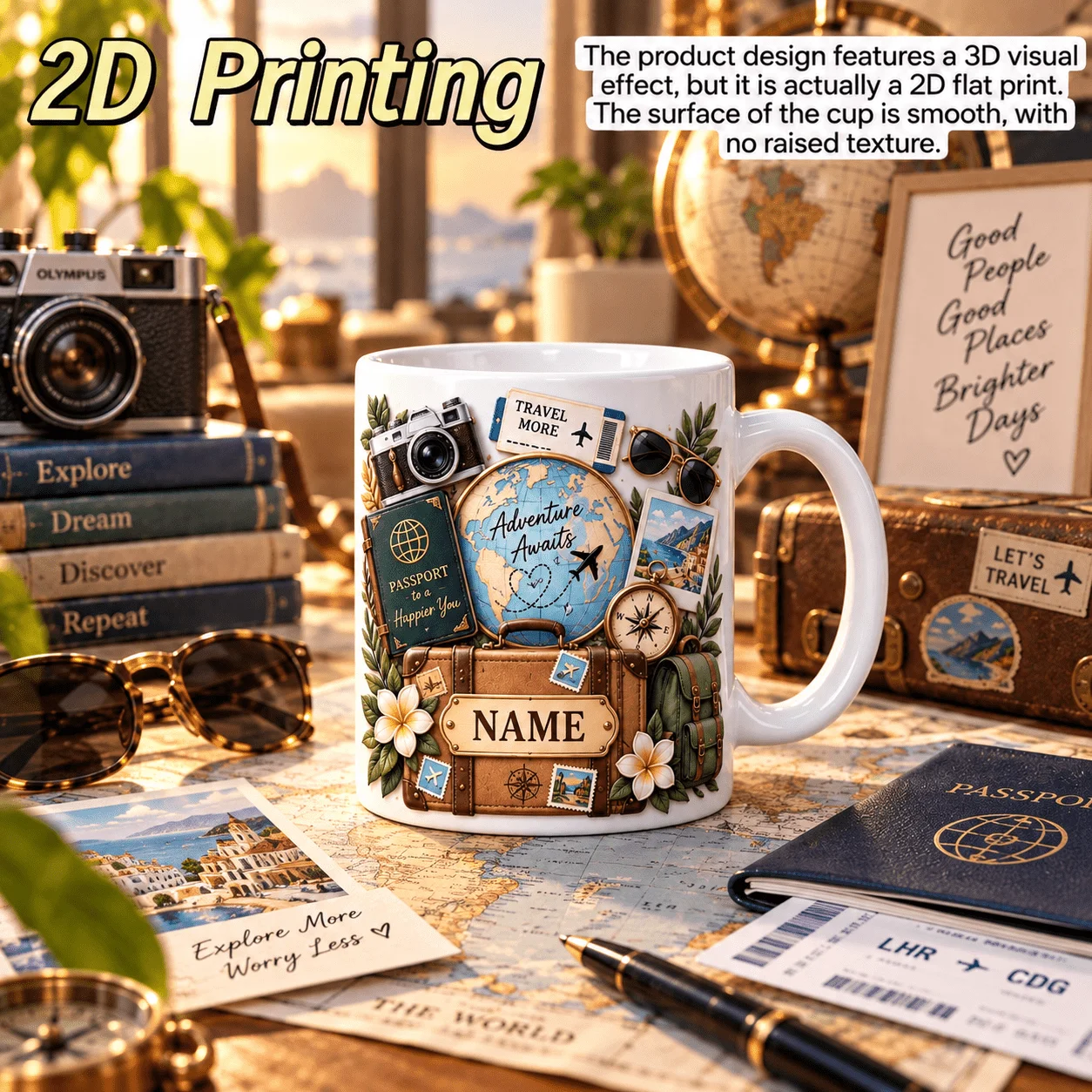 Personalized Travel Mug 11oz Custom Name Adventure Ceramic Coffee Cup 2D Print Luggage Globe Camera Compass Novelty Gift for Tra