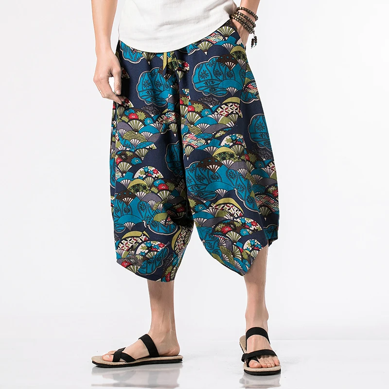 Harajuku Summer Loose Calf Length Casual Pants Men Wide Leg Cotton Linen Printing Baggy Pants Oversize Mens Trousers