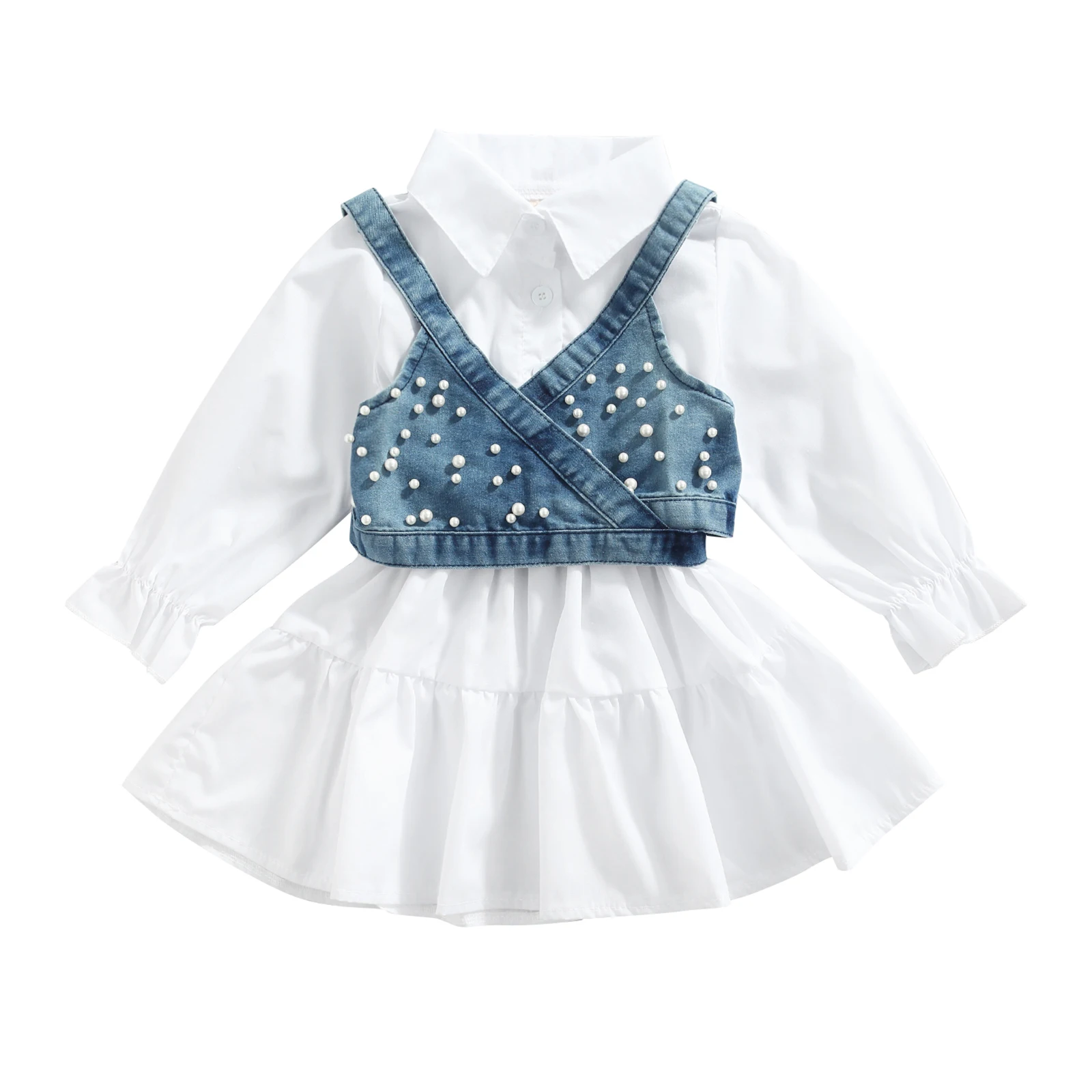 Baby Girls 2Pcs A-Line Shirt Dress Long Sleeves Denim Beading Vest with Pearl Deccor Solid Color Summer Clothes Outfit 1-6 Years