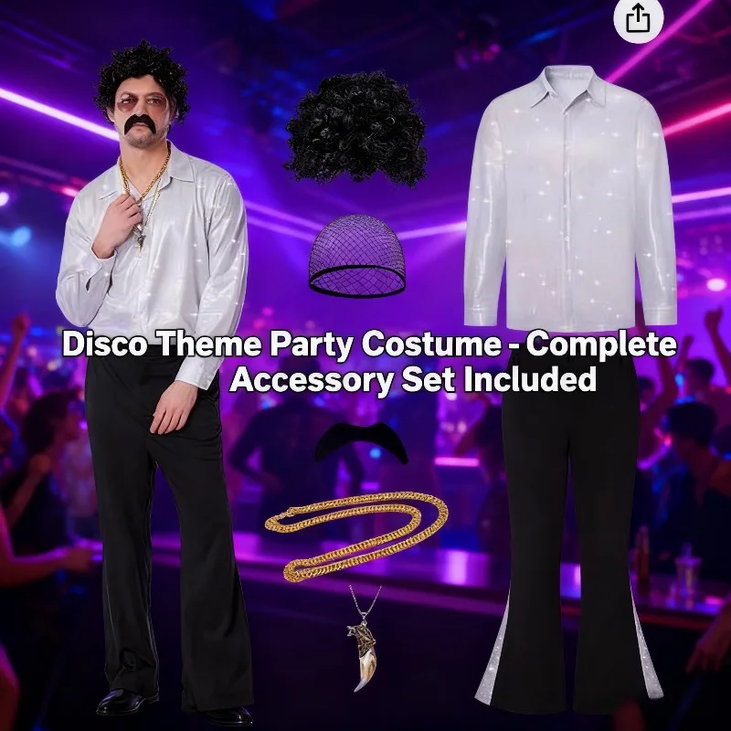 

Костюм для дискотеки в стиле 70-х: мужская рубашка с ретро-принтом и брюки-клеш для вечеринок и выступлений