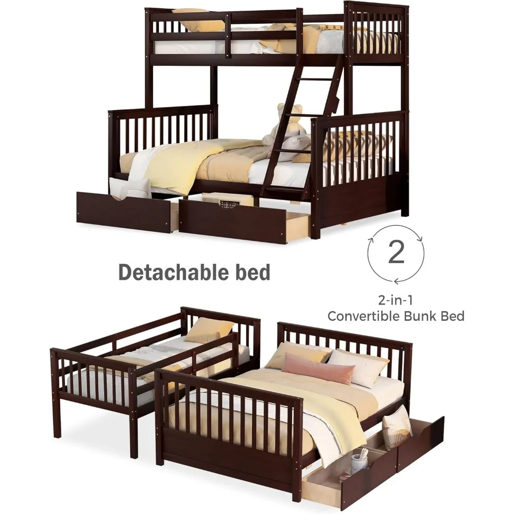 Wood Bunk Bed, with Two Drawers, WithLadders and Two Storage Drawers,with Ladders,Convertible Wood Bunk Bed