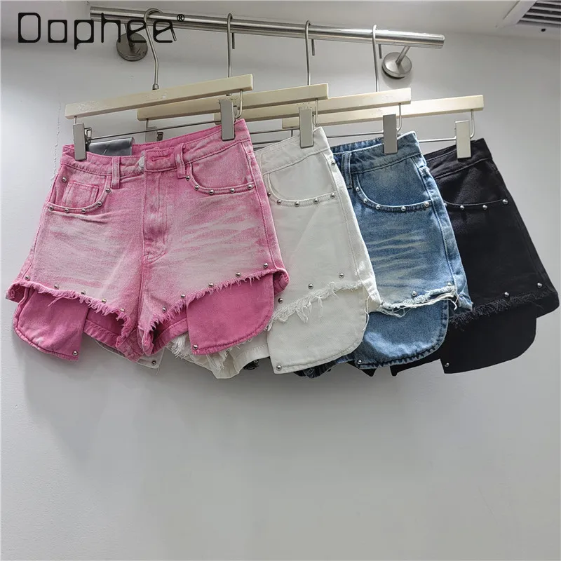 Y2K Distressed Irregular Denim Shorts Burr Leaky Pocket Rivet High Waist Denim Shorts Women's Summer Skinny Hot Pants