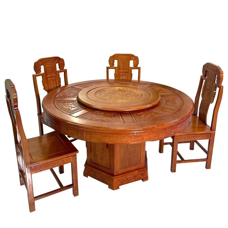 

Круглый обеденный стол и стулья из цельного дерева, комбинированный резной 10-местный стол для отеля с поворотным столом, бытовой обеденный стол