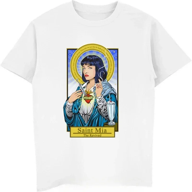 

Virgin Mary Mixed Pulp Fiction Mia Wallace T Shirt Men Summer Tshirts Funny Camisetas Novelty Tops Tees Harajuku Male T-shirt