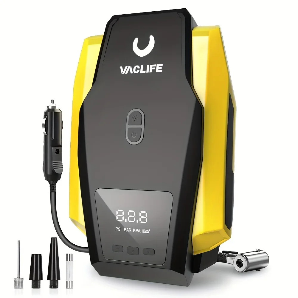 

Portable VacLife Tire Inflator - Compact 12V DC Air Compressor for Car Tires, Powerful 100PSI Tire Pump for Bikes with LED Light