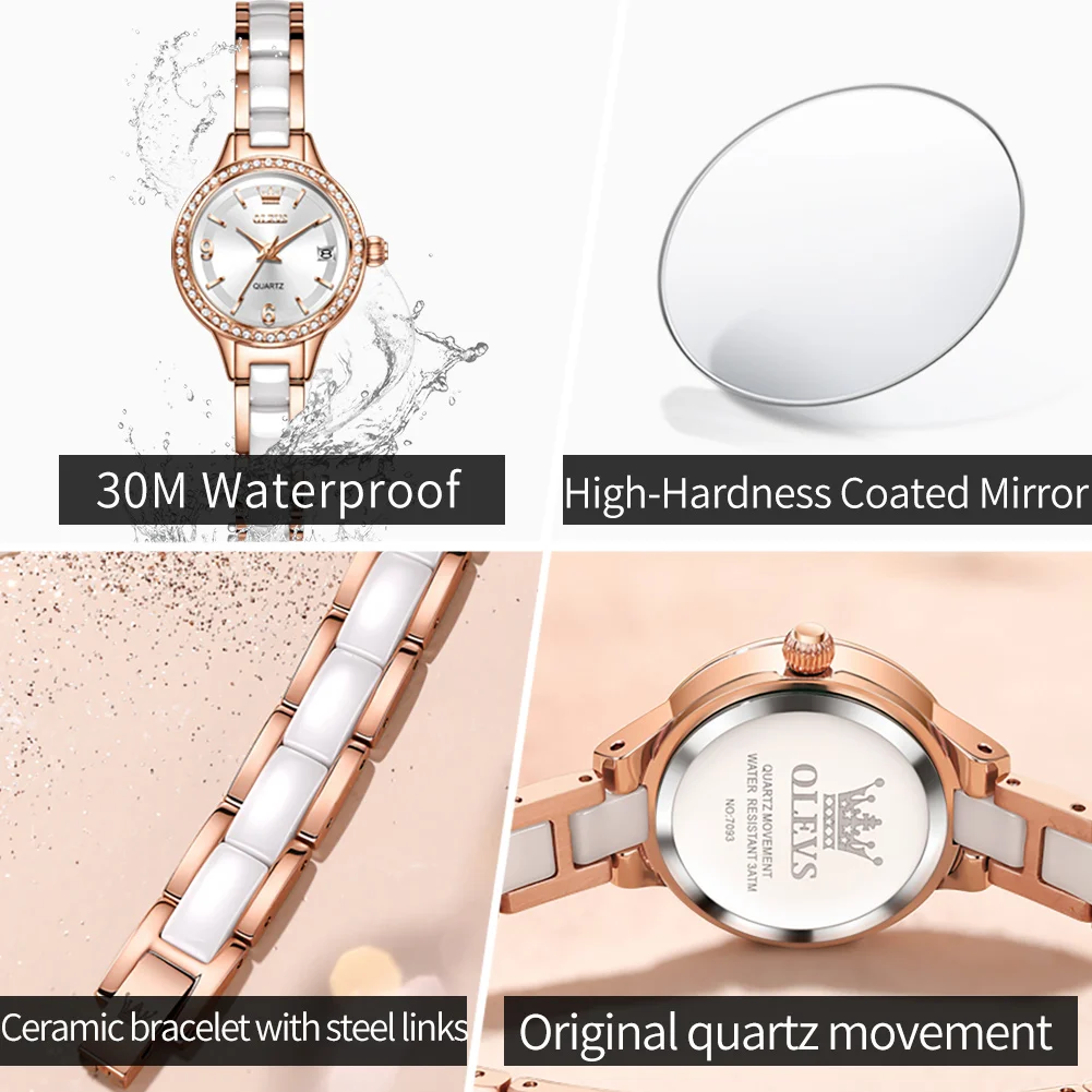 OLEVS 7093 Women Watch Elegant Original Luxury Mechanical Watch Ceramics Waterproof Watch Set Gifts Box High Quality Brand