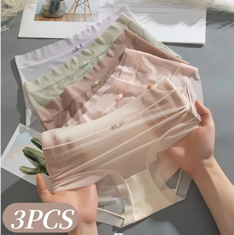 3-teiliges Set Low-Rise Slips aus Eisseide für Damen, schnelltrocknende nahtlose Unterwäsche in Unifarben, sexy Dessous.