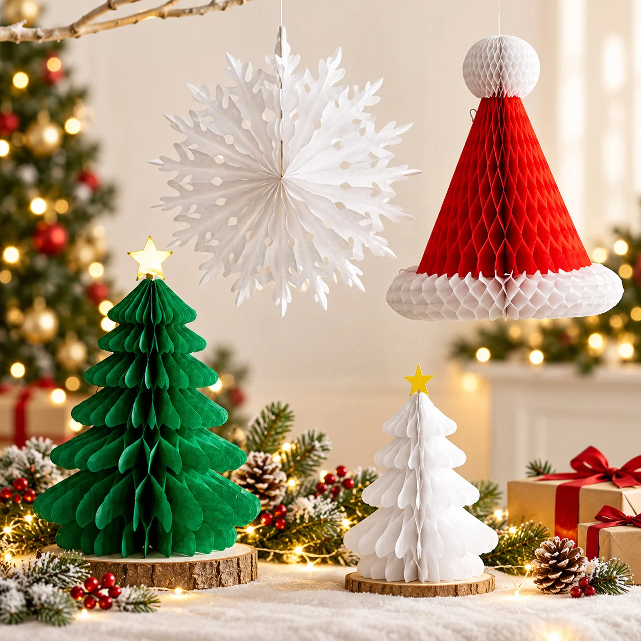 3 piezas de decoración navideña colgante, diseño de panal de abeja, árbol de Navidad, gorro de Papá Noel, copo de nieve, para fiestas navideñas en casa, artículos de decoración para las fiestas.