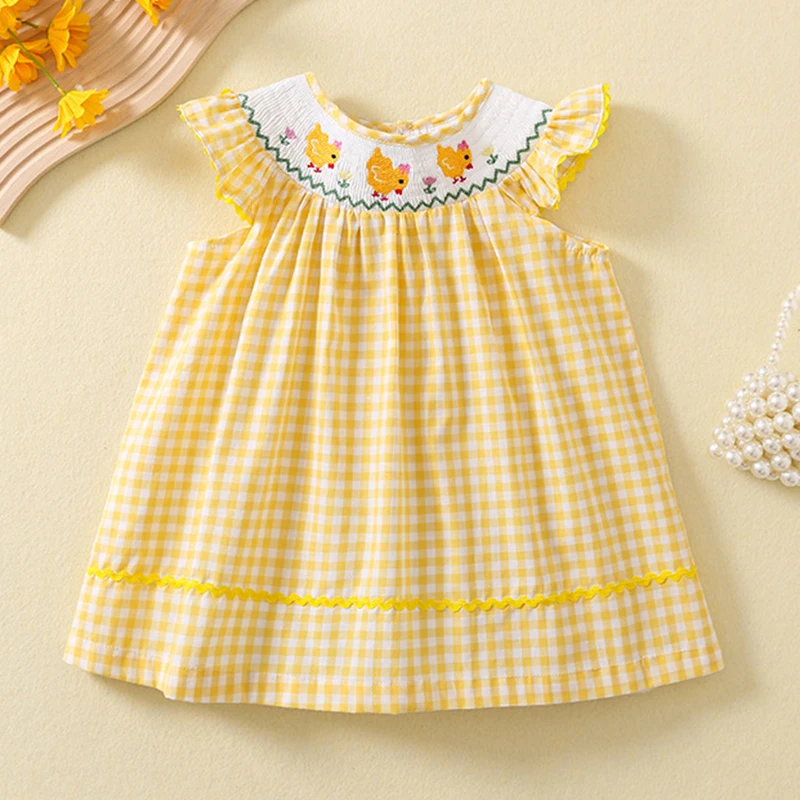 Kids Baby Girls Sleeveless Sweet Grid Chick Embroidery Dress Summer Baby Girls Dress Kids Baby Girls Children Clothes Dress