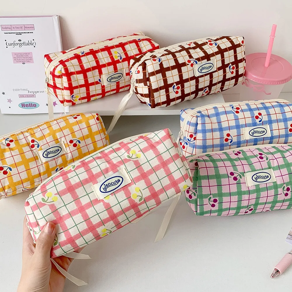 

Large Capacity Y2K Cherry Pencil Case Checkered Cartoon Cherry Handheld Korean Pencil Bag Cosmetics Storage Zipper