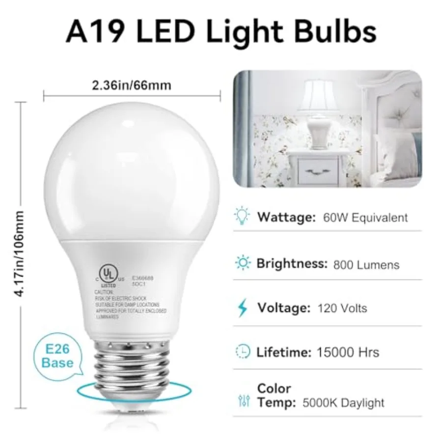 LED Light Bulbs 0 Watt Equivalent, A19, Efficient 9W, E26 Standard Base, 800 LM Energy Saving Lightbulbs for Home Bedroom Livin