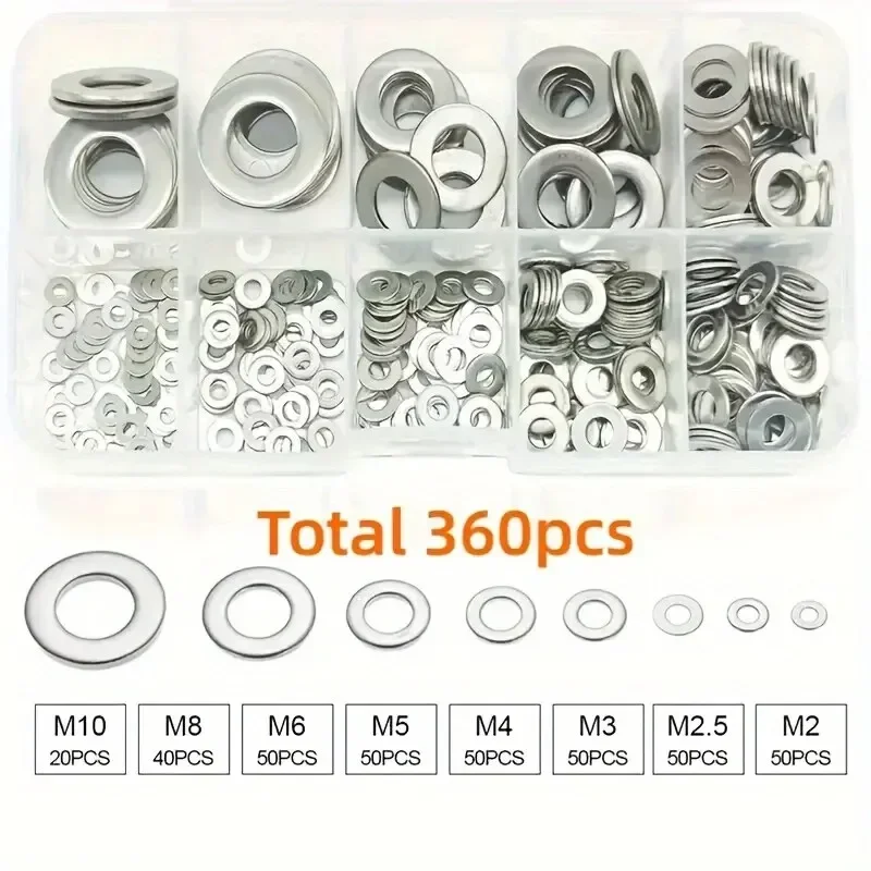 360pcs 304 Stainless Steel Flat Washers Set, Perfect For Home Decor, Factory Repair, Kitchens, Shops & More view 4
