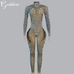 Sparkly Silver Rhinestones Pearls Jumpsuit Women Sexy Black Mesh Bodysuit Birthday Bar Party Outfit Performance Show Stage Wear