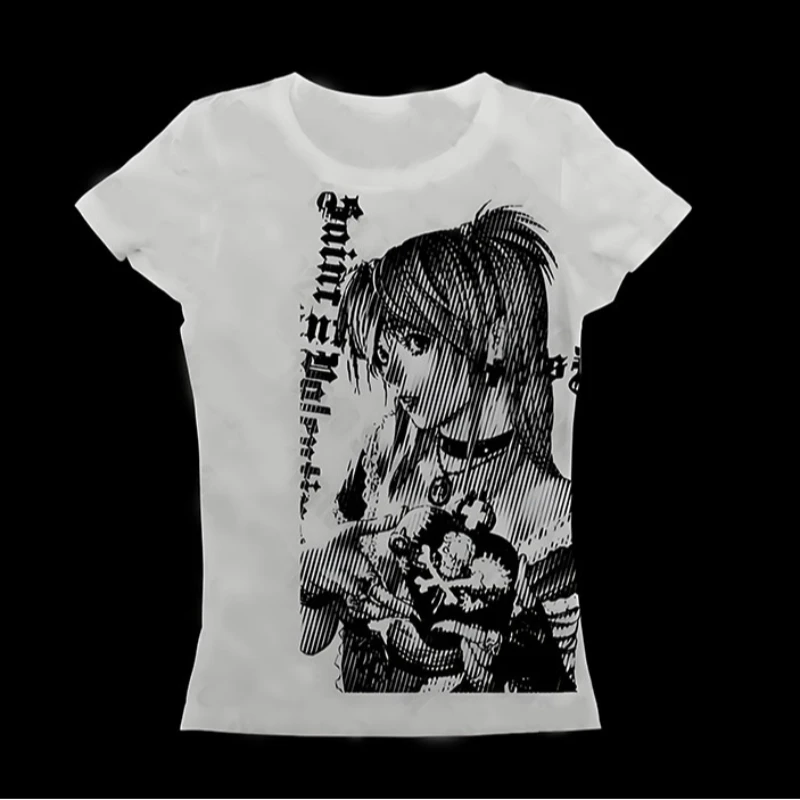 Aesthetic emo Casual T-shirt Y2k anime Streetwear O-neck 90s Text Printing Tops Women Harajuku Clothes Simple Vintage Crop Tee