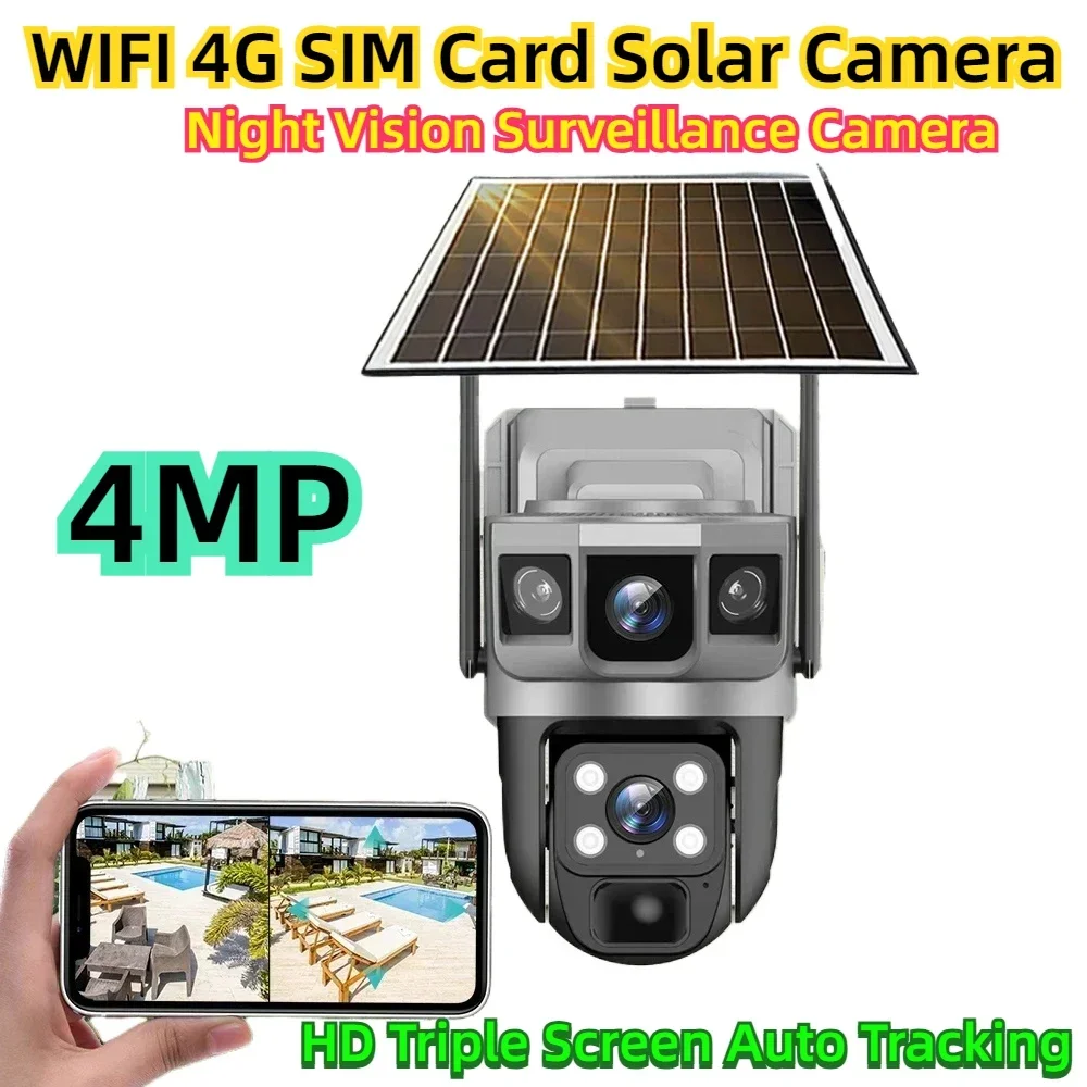 

WIFI 4G SIM Card Solar Camera CCTV 4MP HD Triple Screen Auto Tracking PTZ Outdoor Security Night Vision Surveillance Camera