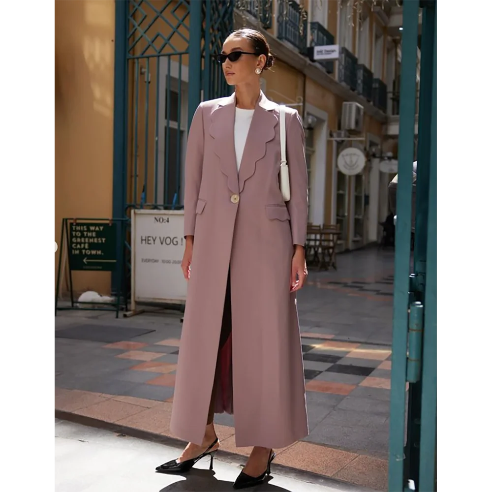 Jaqueta longa fina feminina com colarinho de renda de um botão, casaco diário feminino, vestido formal, comprimento do tornozelo