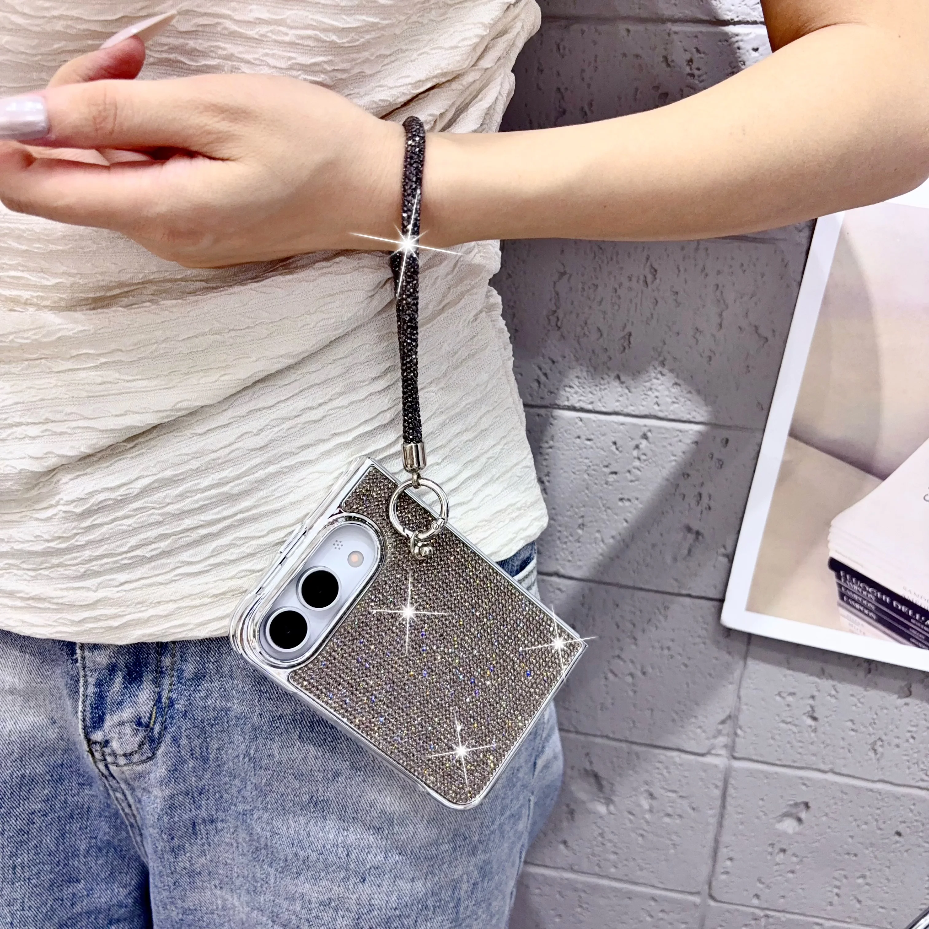 Luxury Electroplated Fine Crystal Rhinestone Bracelet Case for iPhone Duo Glossy Silver Foldable Cover