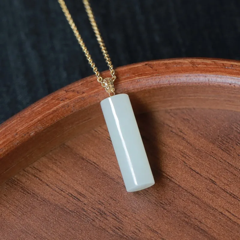 Natural Hetian White Jade Smooth Surface Cylindrical Peace Amulet Pendant with S925 Silver Gold-Plated Hollow Clasp