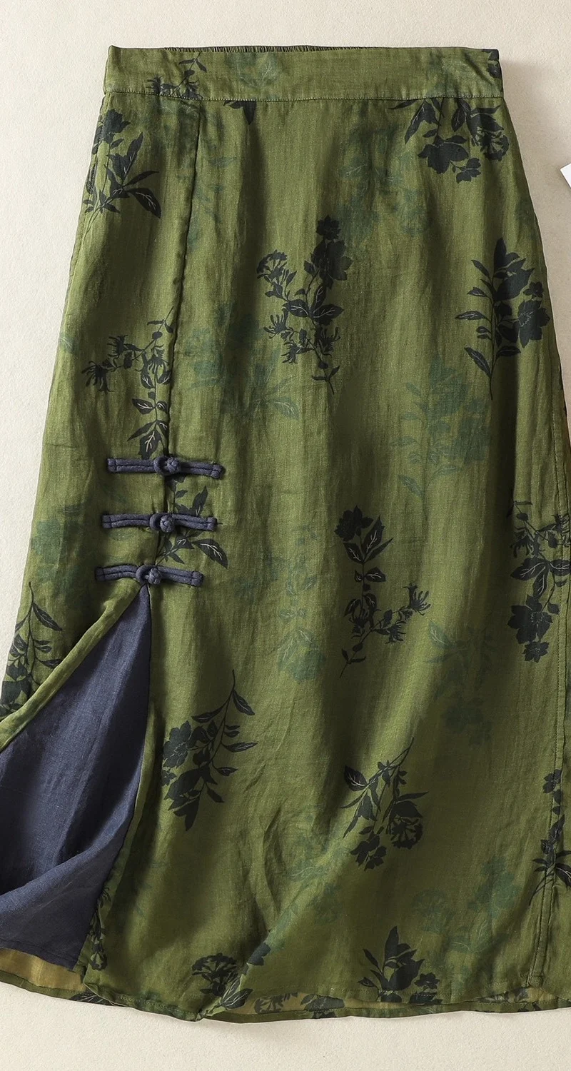 Ethnic Style Skirt 2025 Spring and Summer Ramie Color Contrasting Pan Button Versatile High Waist Loose Mid length Skirt w07