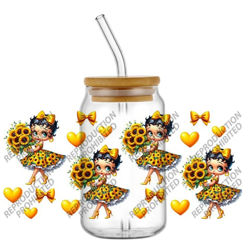 Cute Modern Girl Sunflower Desig UV DTF Wraps Heart & Flower Stickers for 16oz Glass Cans Waterproof DIY Transfer Decals
