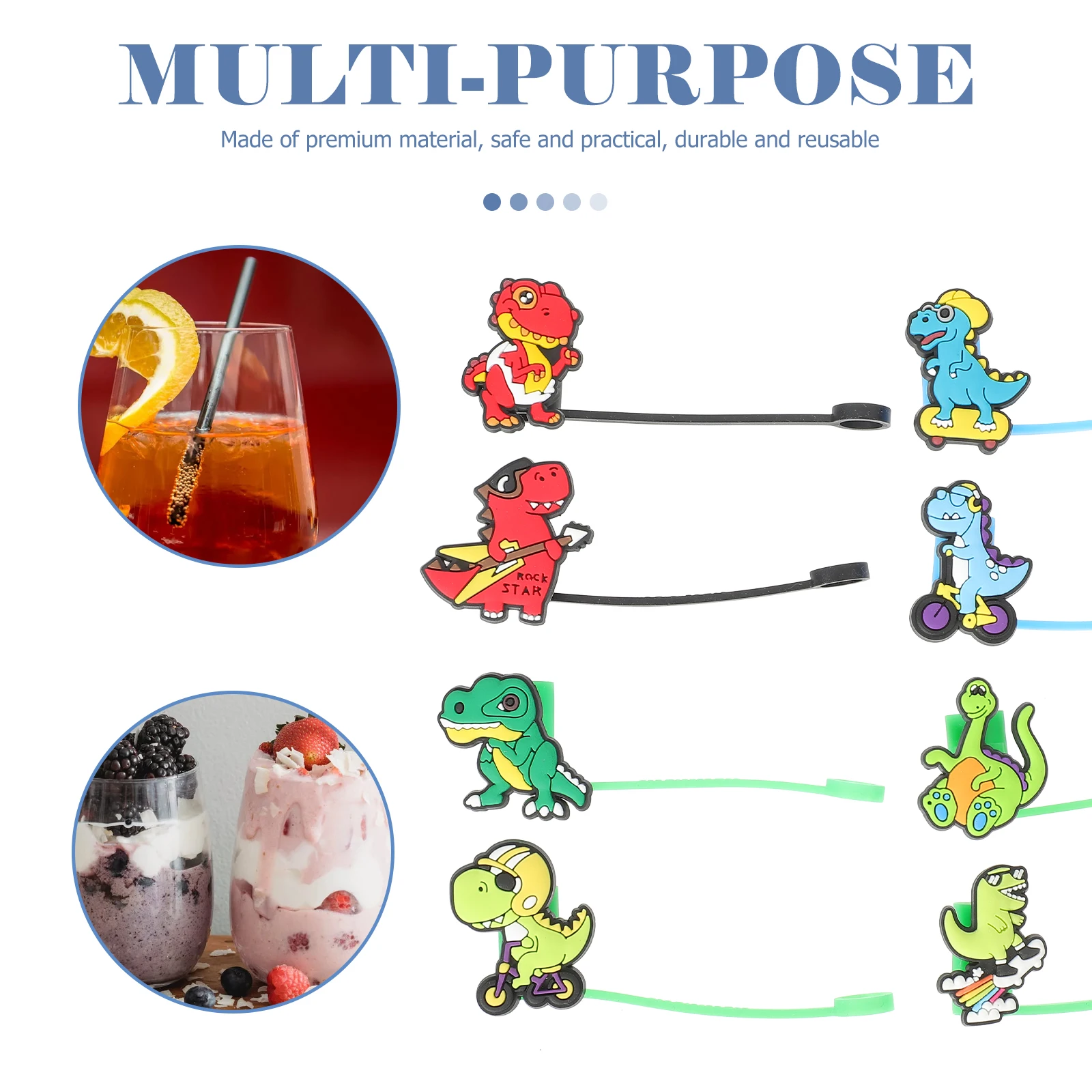 

8pcs Dinosaur Straw Cap Dust Plug Silicone Cover Reusable Straws Travel Camping Party Office Kitchen Bar Accessories