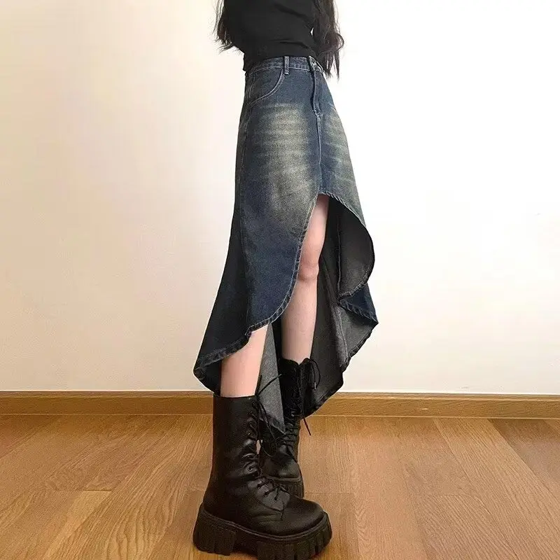 Saia jeans linha A de cintura alta feminina, saia midi irregular, roupas vintage Y2k, tamanho grande, estilo rua, moda verão