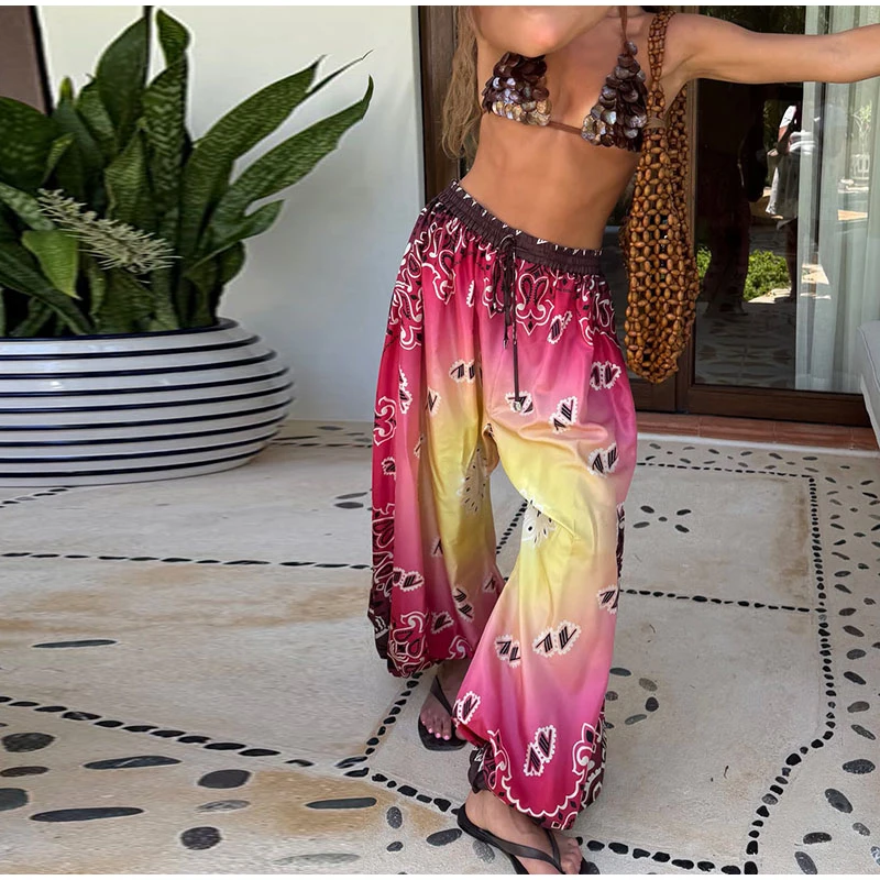 2026 Summer Gradient Contrast Print Harem Pants Oversize Baggy Elastic Waist Boho Trousers Women New Trendy Classy Lady Bottoms