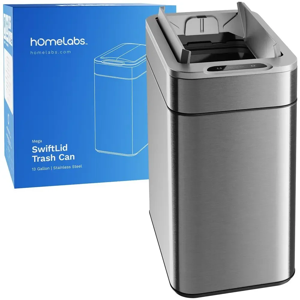 

13 Gallon Stainless Steel Kitchen Trash Can with Retractable Sensor Lid, Space-Saving, Easy Clean, Battery-Powered