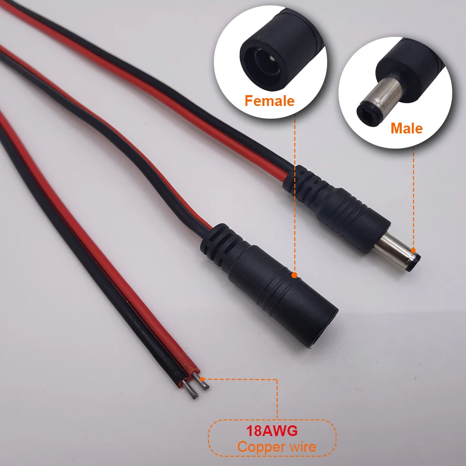 18 AWG DC connector 5.5X2.1mm 2.5mm Power Pigtail Cable Jack Male Female connector 30cm Wire For LED strip light CCTV Cameras