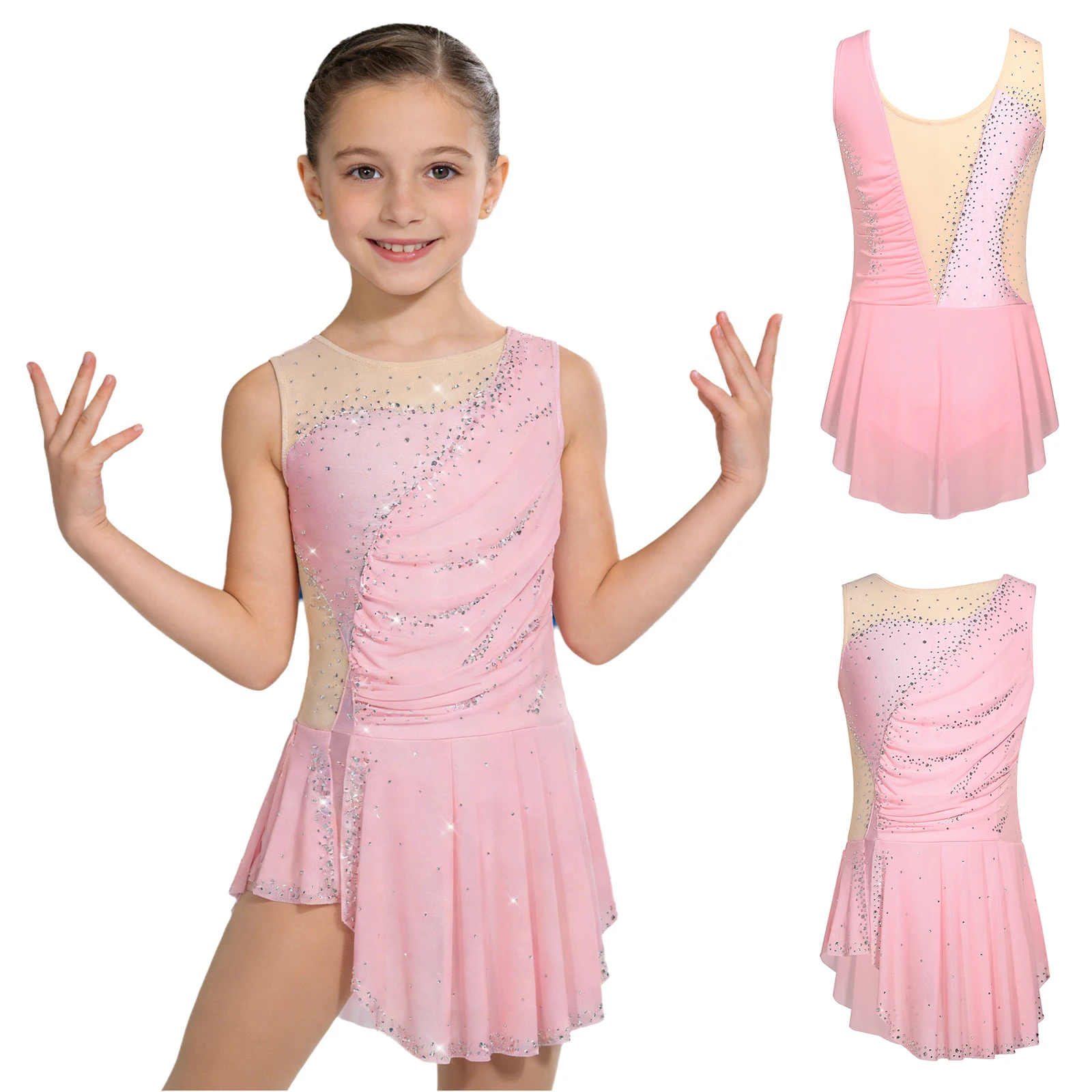 Kids Girls Figure Skating Leotard Dress Sleeveless Mesh Ballet Dance Gymnastics Acrobatics Bodysuit Tutu for Stage Performance