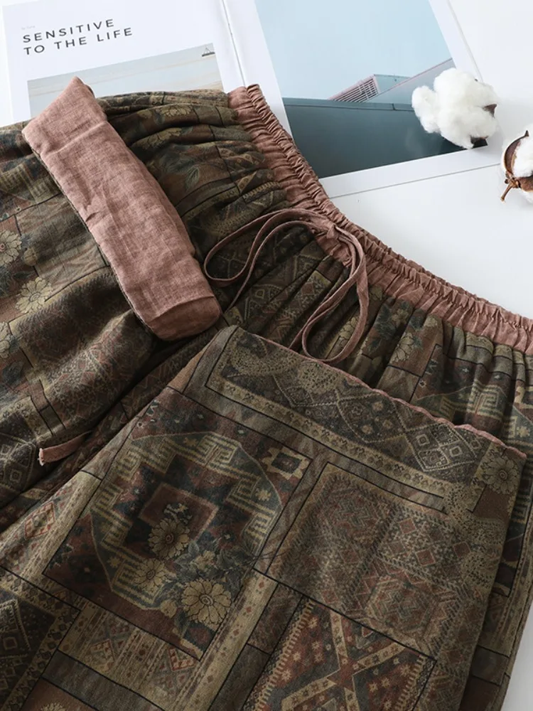 กางเกงขายาวทรงกว้างสำหรับผู้หญิง ผ้าฝ้ายลินินพิมพ์ลาย เอวยางยืด สไตล์วินเทจ อบอุ่น เหมาะสำหรับฤดูหนาว ดีไซน์ศิลปะย้อนยุค รุ่น Thiened