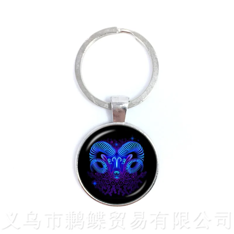 New 12 Zodiac Signs Keychains Retro Twelve Constellations Cabochon Glass Time Gem Pendant Keyring For Gift