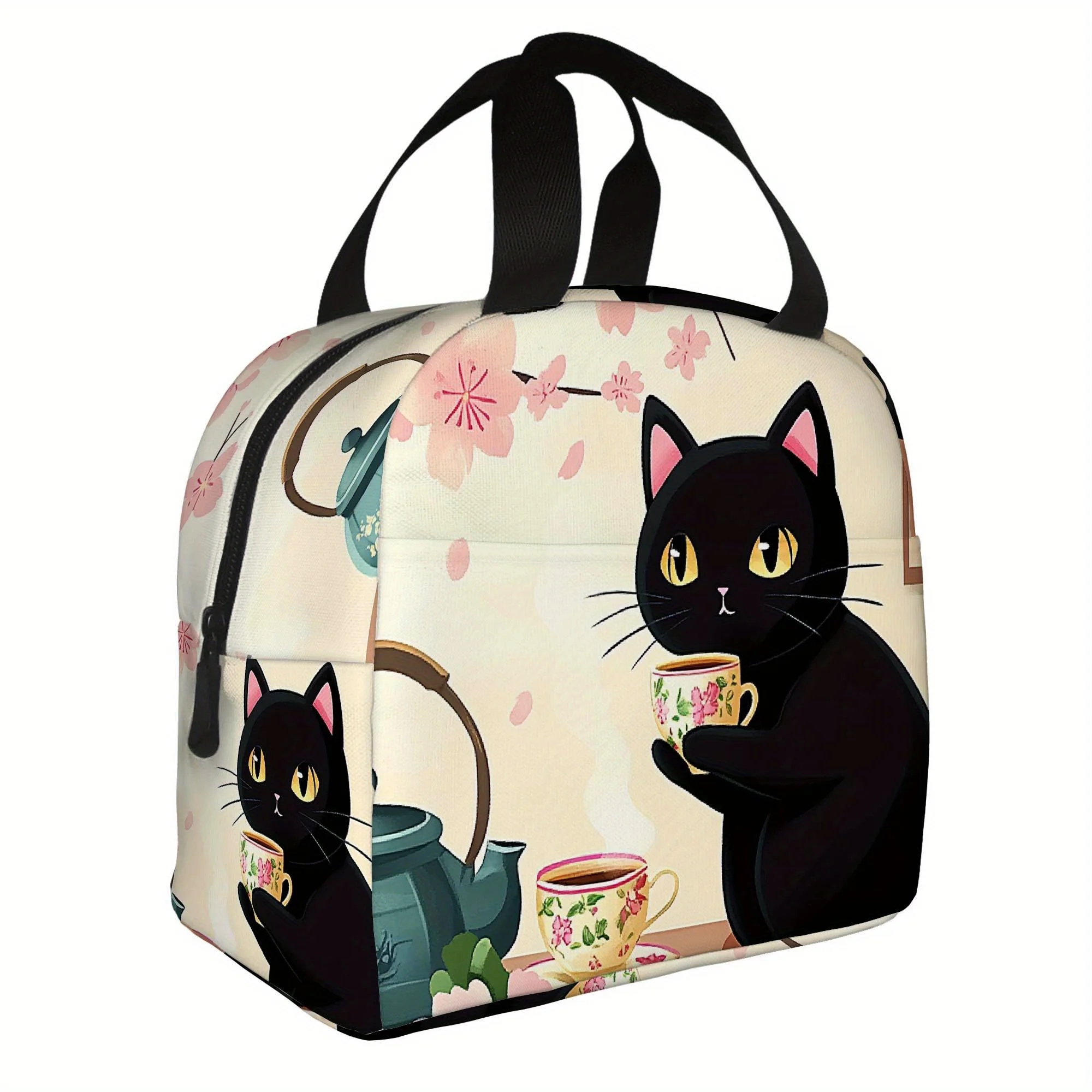 Cat Relishing Tea Time Amidst Cherry Blossoms, a Thermal Bag Designed for Insulation, Not for Food Contact