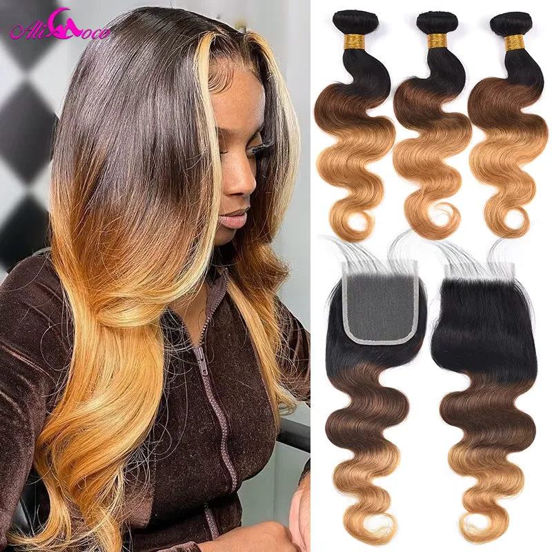 1B 4 27 Remy Ombre Human Hair Weave Bundle ปิด 4x4 5x5 ชุดพร้อมฝาปิดบราซิล Body Wave ปิด