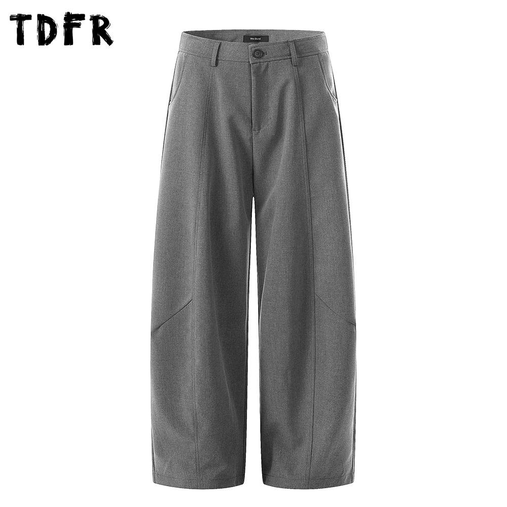 

Retro Spliced Casual Suit Pants Mens Summer Solid Color Baggy Wide Leg Banana Trousers Man