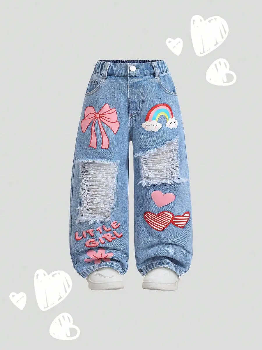 

Girls Loose Distressed Denim Pants with Bow, Rainbow & Heart Appliqués, Soft Washed Fit