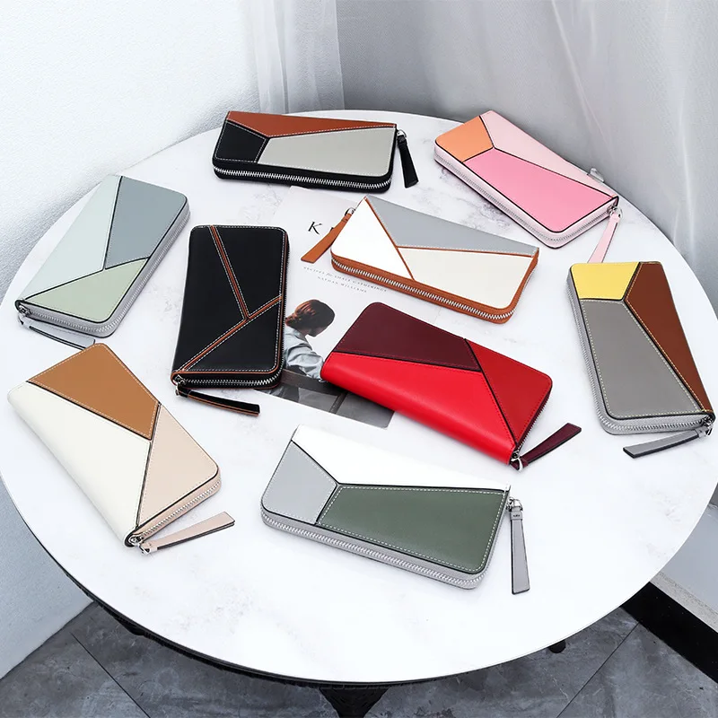 Western Contrast Color Cowhide Leather Long Women Wallet Large Capacity Zipper Design Wallet for Ladies