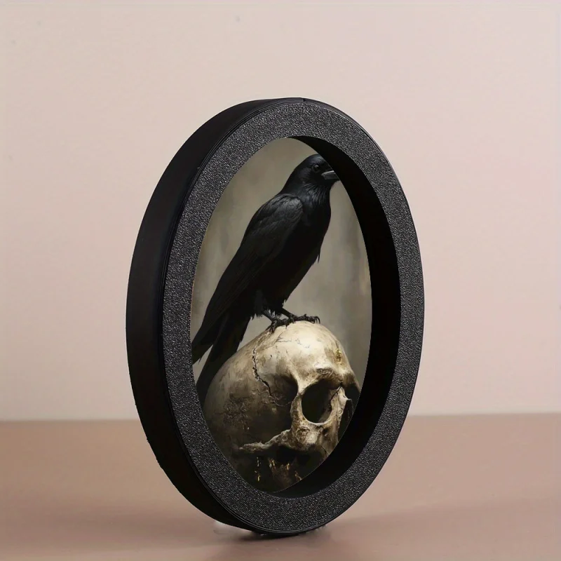 Oval Photo Frame with Gothic Art Skull and Crow - Black Circular Frame with Dark Background