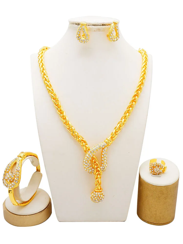 

Gold Plated Luxury Jewelry Set Water Drop Rhinestone Pendant Necklace Wedding Set
