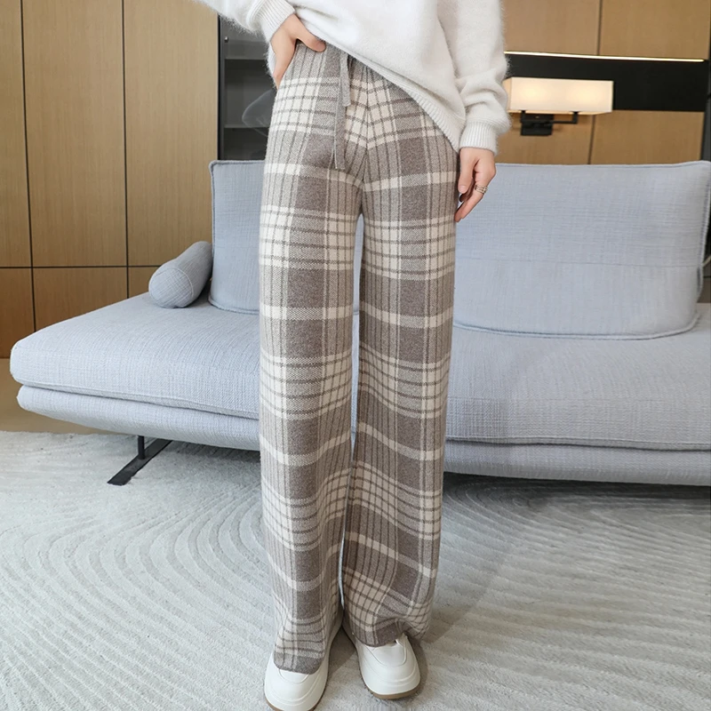 100% Wool Women's Pants Colour Lattice Wide Leg Trousers Elastic Waist Belt Thickened Bottoms Wearing Outside 2024 New