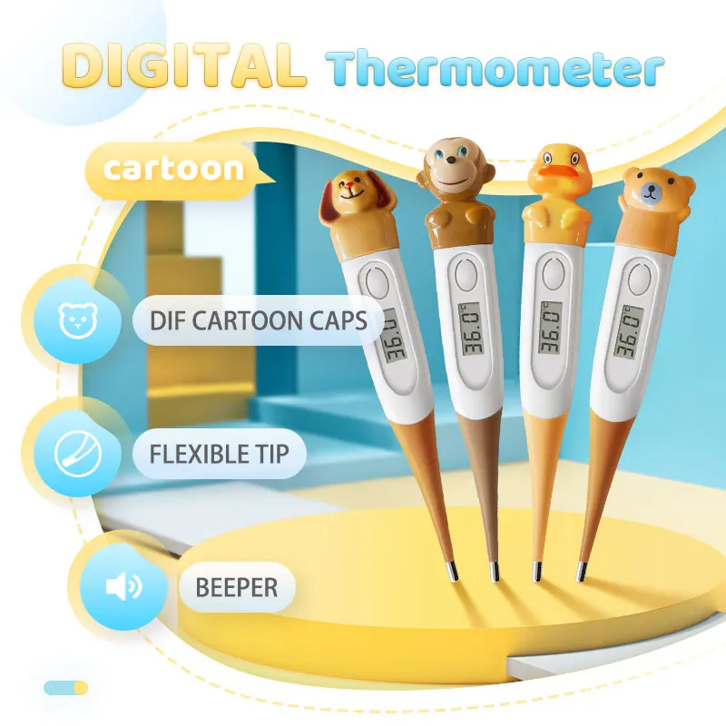 Monkey Dog Duck Bear Cartoon Digital Medical Thermometer with Flexible Tip for Kids and Adults High Fever Alarm Beeper Function