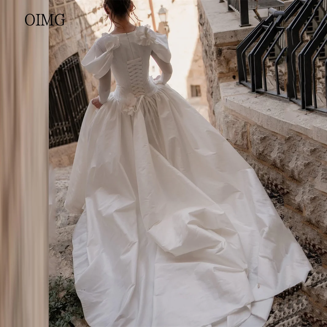 OIMG Graceful Full Sleeves A Line Wedding Dress 3D Flower High Neck Bride Dresses Lace Up Floor Length Wedding Gown Customized