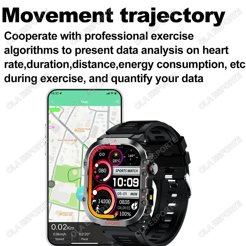 الجديد في ساعة ذكية GPS للرجال والنساء، مصباح يدوي عسكري Amoled مقاوم للماء، رياضي خارجي، بلوتوث، مكالمة ذكية، سوار ذكي