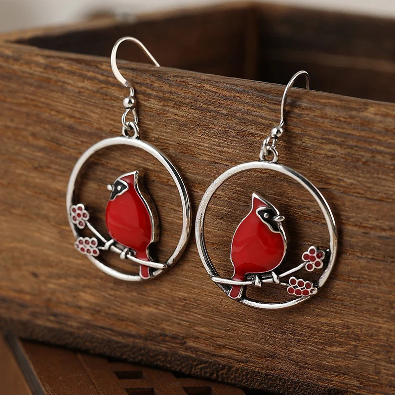 Bohemian Style Simple Vintage Redbird Branch Design Metal Hook Earrings for Women to Wear on Holiday