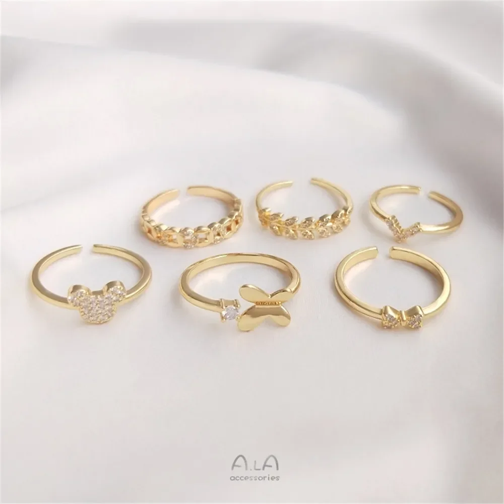 14K plated gold Inlaid zircon bow leaf ring fashion light luxury high sense net red tide opening ring