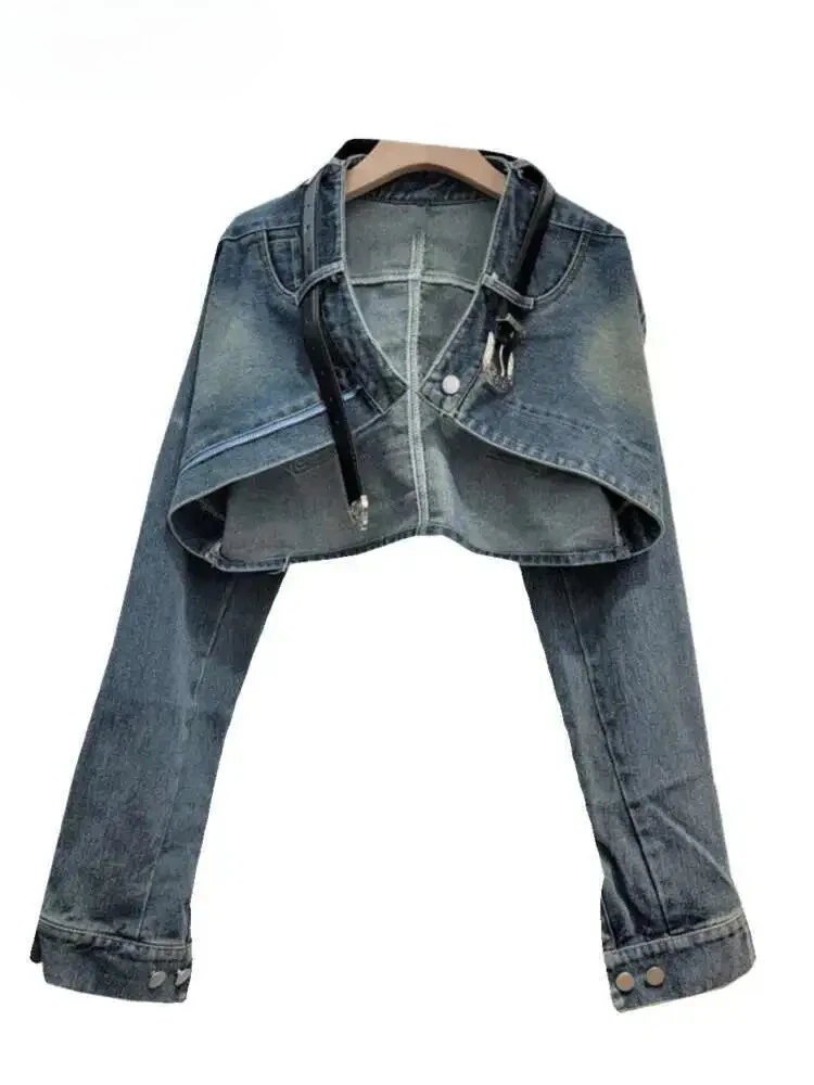 Women's Denim Coat Buttonless Patchwork Zipper Long Sleeve High Waist With Belt  Jackets 2025 Summer New Fashion