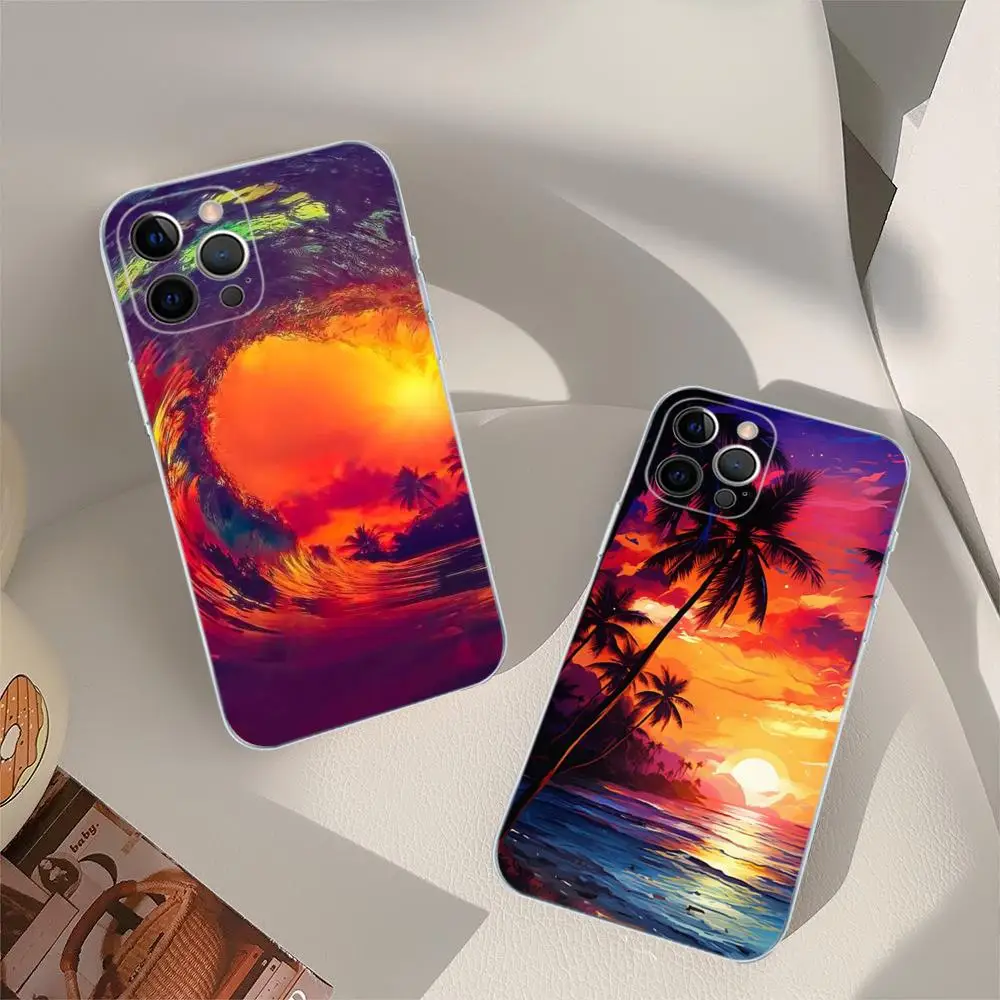 Red Sun Sea Waves Phone Case For iPhone 15 14 13 12 Mini 11 Pro XS Max X XR SE 6 7 8 Plus Soft Silicone Cover